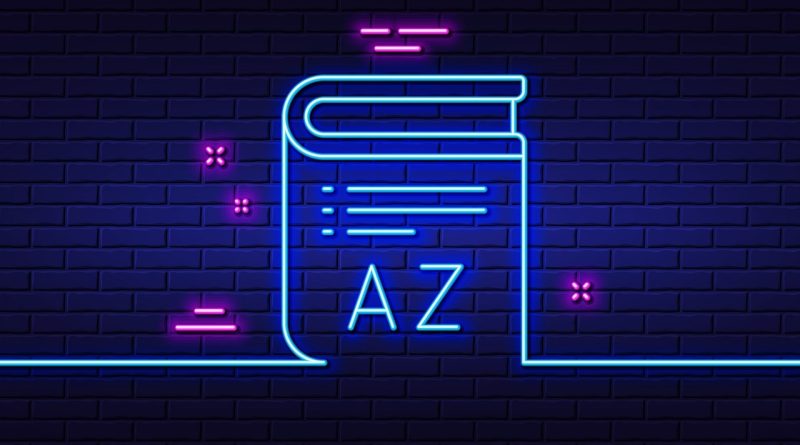 Neon,Light,Glow,Effect.,Vocabulary,Line,Icon.,Book,Glossary,Sign.